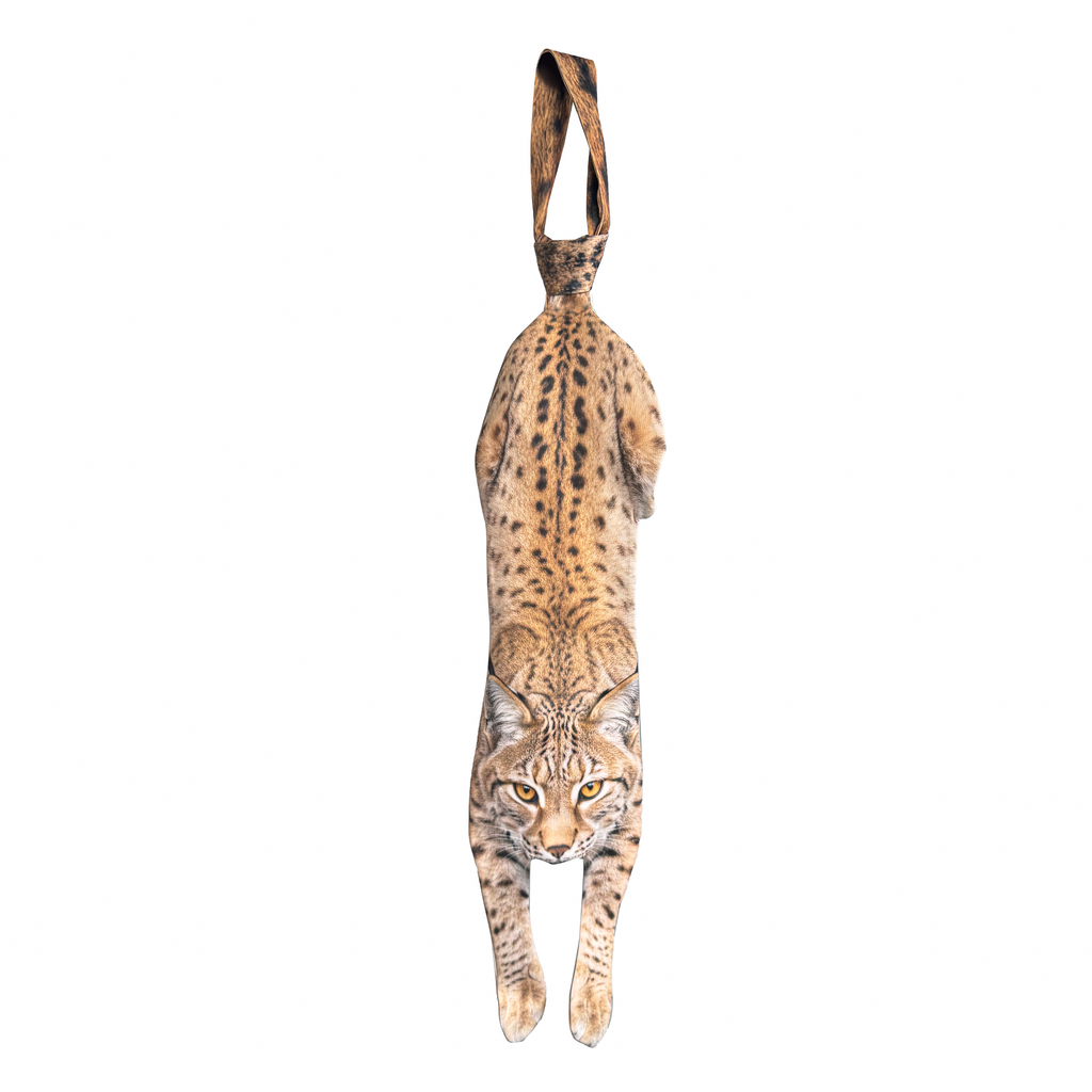 Novelty necktie featuring a realistic hanging lynx design, a unique and eye-catching fashion accessory.