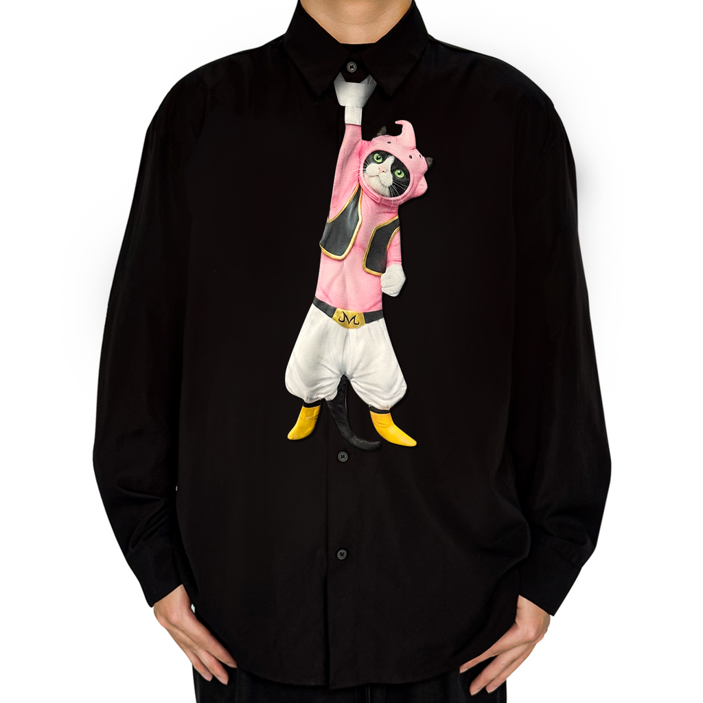 Novelty necktie featuring a creative illustration of a cat cosplaying as Majin Buu from Dragon Ball, wearing his signature pink outfit with a black vest and white pants, a fun and unique fashion accessory for anime fans