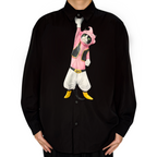 Novelty necktie featuring a creative illustration of a cat cosplaying as Majin Buu from Dragon Ball, wearing his signature pink outfit with a black vest and white pants, a fun and unique fashion accessory for anime fans