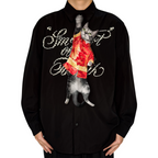 Novelty necktie featuring a realistic hanging grey cat wearing a traditional red Tang suit with dragon embroidery, a unique and festive fashion accessory.
