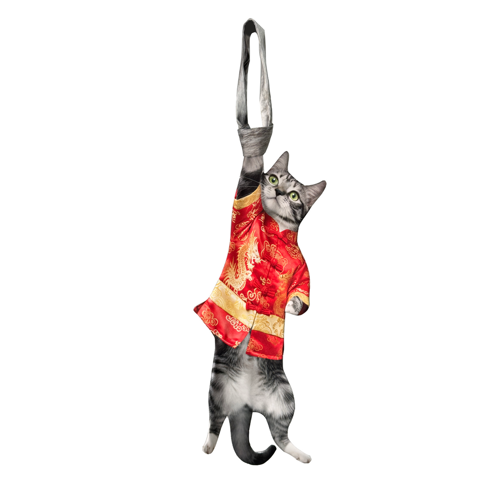 Novelty necktie featuring a realistic hanging grey cat wearing a traditional red Tang suit with dragon embroidery, a unique and festive fashion accessory.