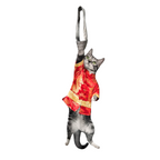 Novelty necktie featuring a realistic hanging grey cat wearing a traditional red Tang suit with dragon embroidery, a unique and festive fashion accessory.