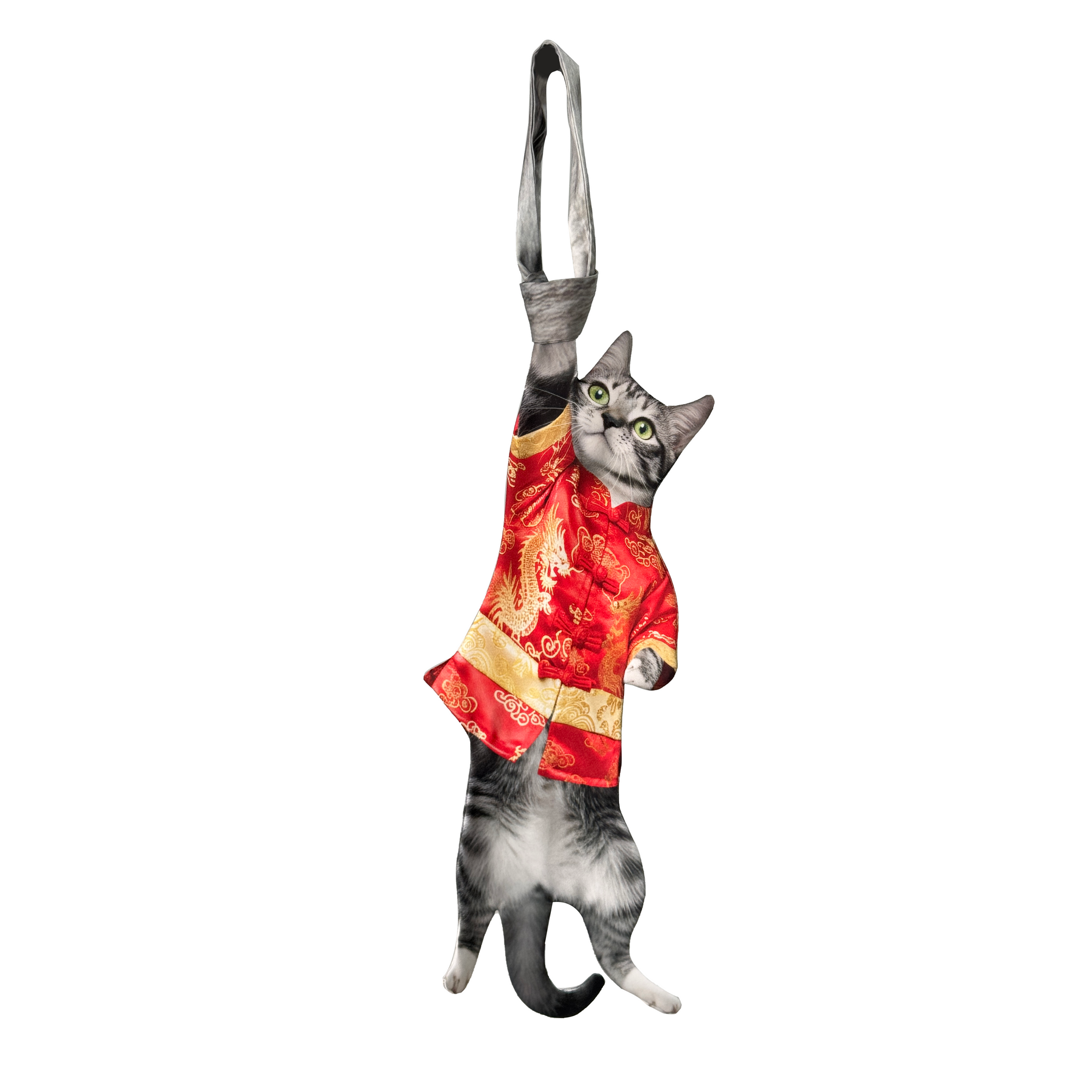 Novelty necktie featuring a realistic hanging grey cat wearing a traditional red Tang suit with dragon embroidery, a unique and festive fashion accessory.
