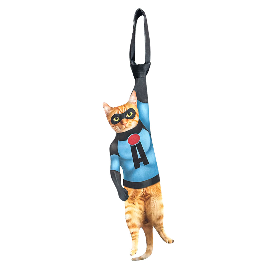 Novelty necktie featuring a realistic hanging orange tabby cat dressed in blue and white superhero costumes, a fun and unique fashion accessory.