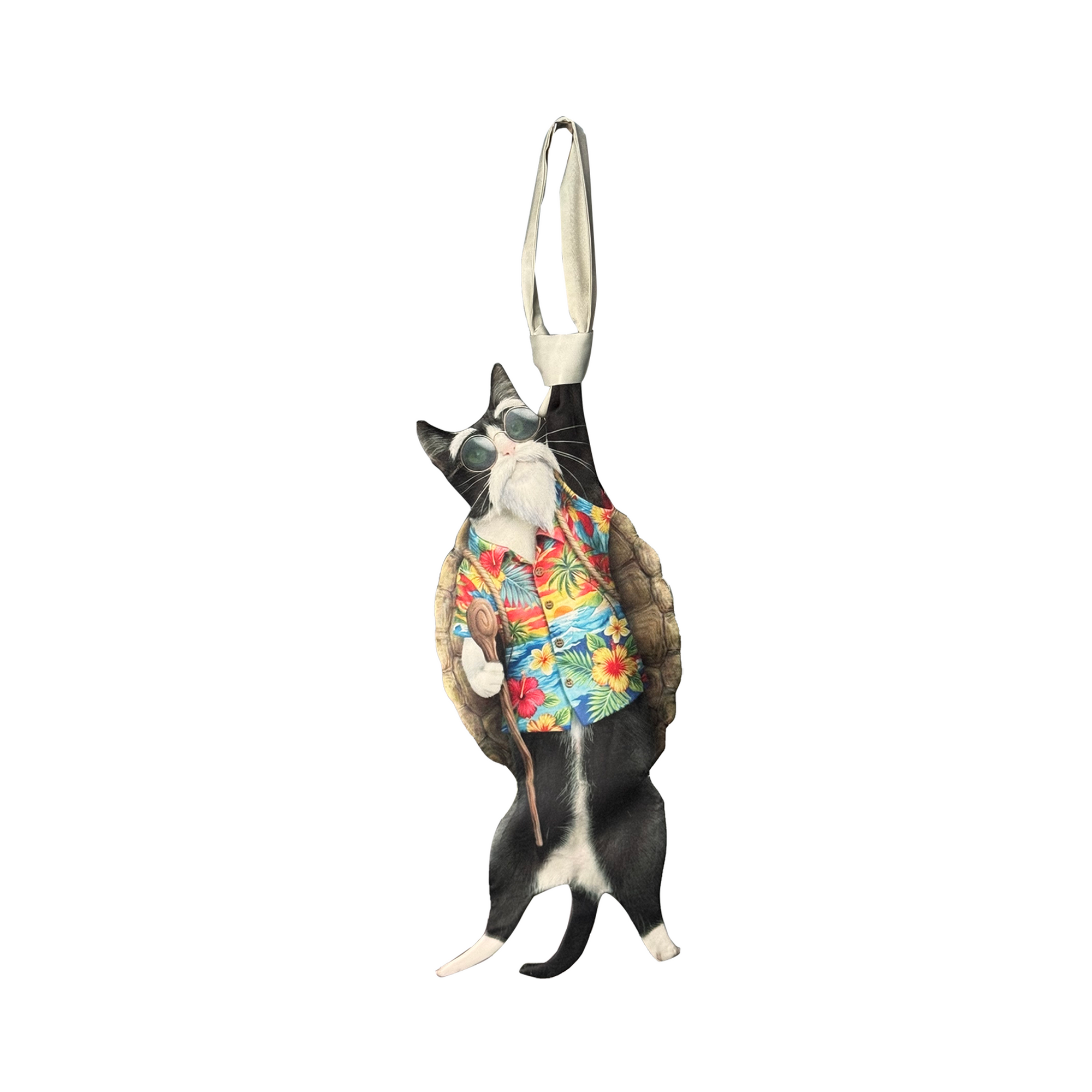 Novelty necktie featuring a creative illustration of a cat cosplaying as Master Roshi from Dragon Ball, wearing a tropical shirt, turtle shell, and sunglasses, a fun and unique fashion accessory for anime fans.