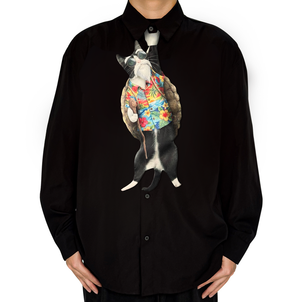 Novelty necktie featuring a creative illustration of a cat cosplaying as Master Roshi from Dragon Ball, wearing a tropical shirt, turtle shell, and sunglasses, a fun and unique fashion accessory for anime fans.