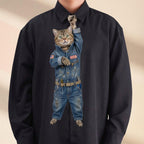 Novelty necktie featuring a tabby cat dressed as a mechanic in a denim jumpsuit with the name 'BUDDY' on the chest, equipped with a tool belt containing a wrench and screwdriver