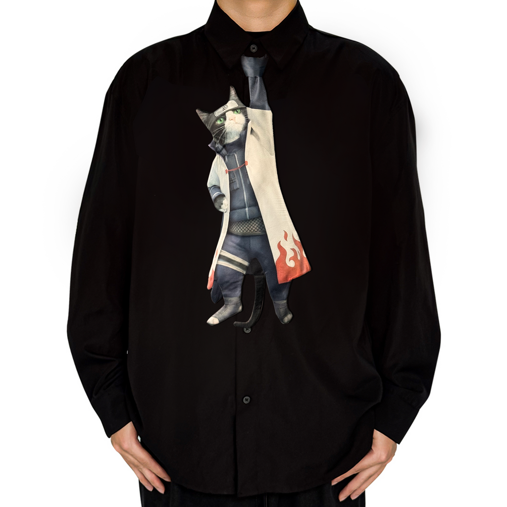 Novelty necktie featuring a creative illustration of a tuxedo cat cosplaying as Minato Namikaze from Naruto, wearing the iconic white Hokage haori with flame patterns and ninja gear. A unique and fun fashion accessory for anime fans.