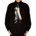 Novelty necktie featuring a creative illustration of a tuxedo cat cosplaying as Minato Namikaze from Naruto, wearing the iconic white Hokage haori with flame patterns and ninja gear. A unique and fun fashion accessory for anime fans.