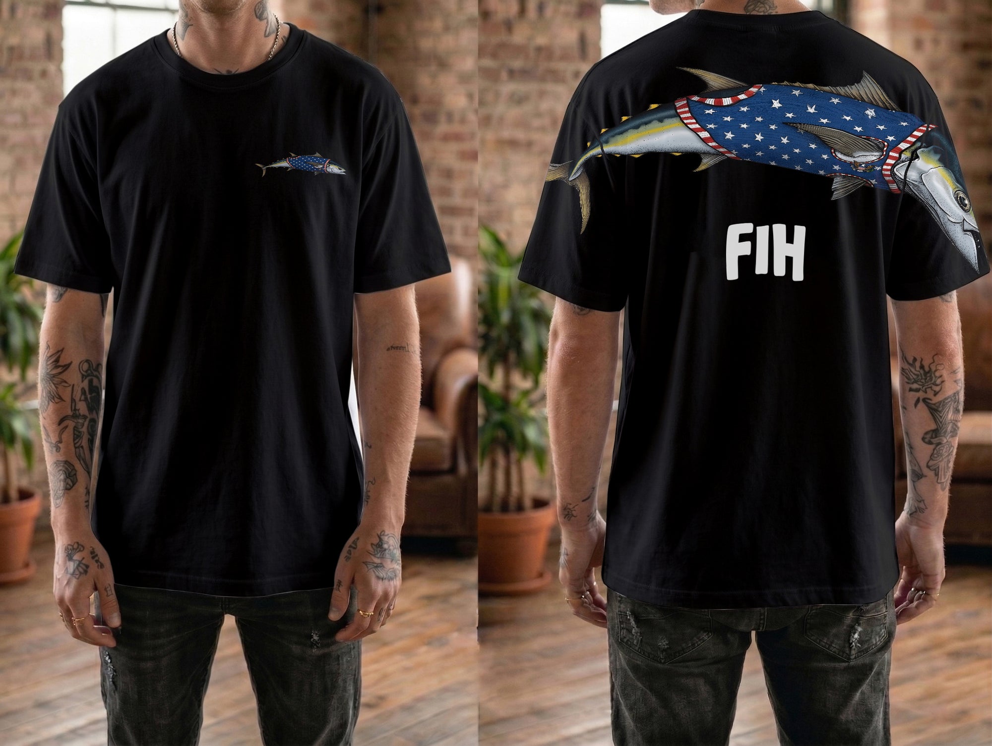 American Flag Fish FIH Patriotic 4th of July America 250th Apparel T-Shirt-Sweatshirt-Hoodie