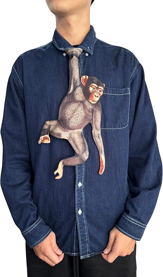 Unique novelty necktie featuring a realistic chimpanzee design, a fun and creative fashion accessory.