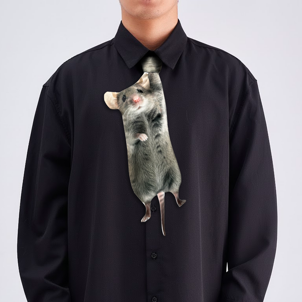 Novelty necktie featuring a realistic hanging mouse design, a fun and unique fashion accessory.