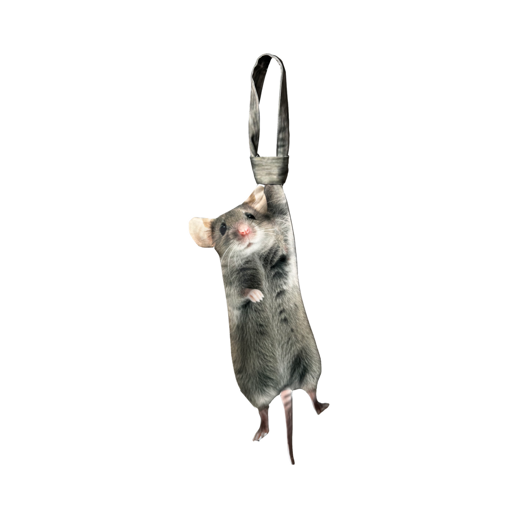 Novelty necktie featuring a realistic hanging mouse design, a fun and unique fashion accessory.