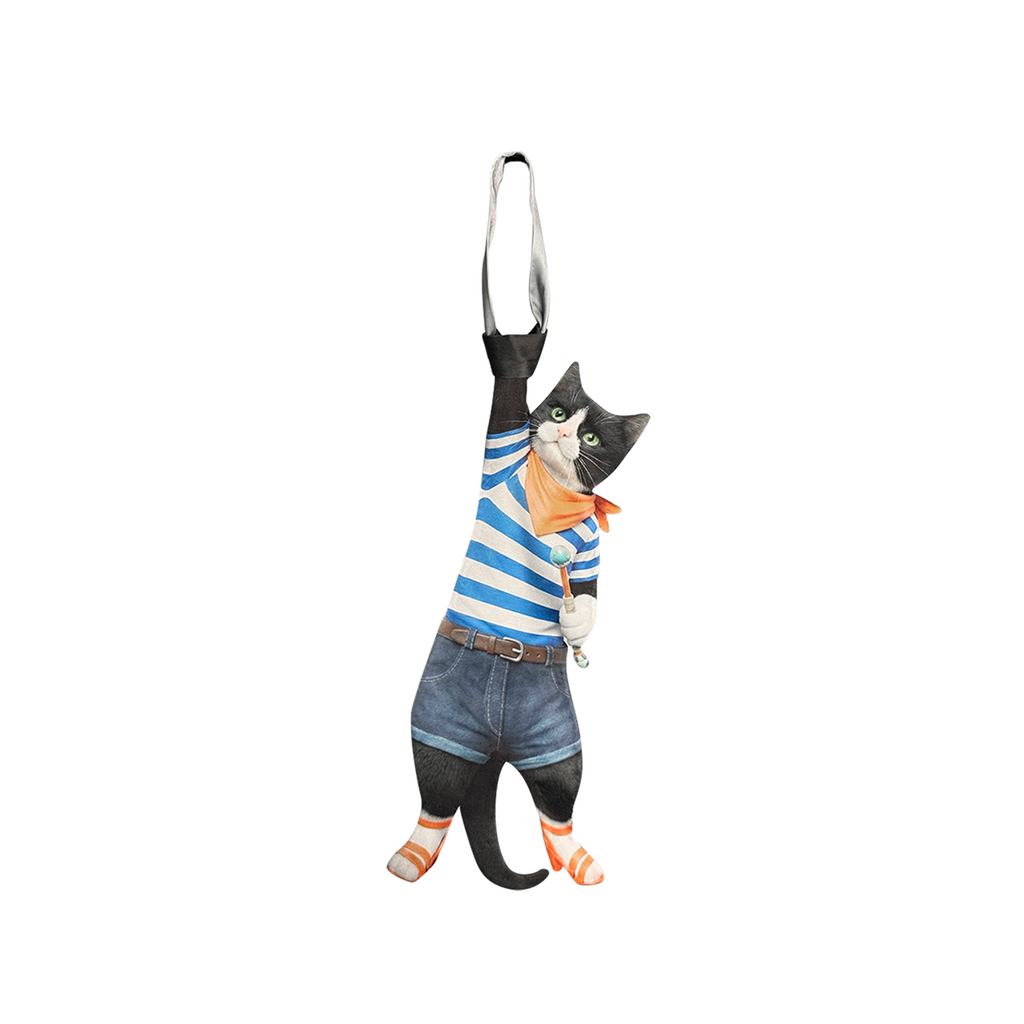 Novelty necktie featuring a creative illustration of a tuxedo cat cosplaying as Nami from One Piece, wearing a blue and white striped shirt, denim shorts, and holding her signature weather staff. A fun and unique fashion accessory for anime fans.
