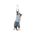 Novelty necktie featuring a creative illustration of a tuxedo cat cosplaying as Nami from One Piece, wearing a blue and white striped shirt, denim shorts, and holding her signature weather staff. A fun and unique fashion accessory for anime fans.