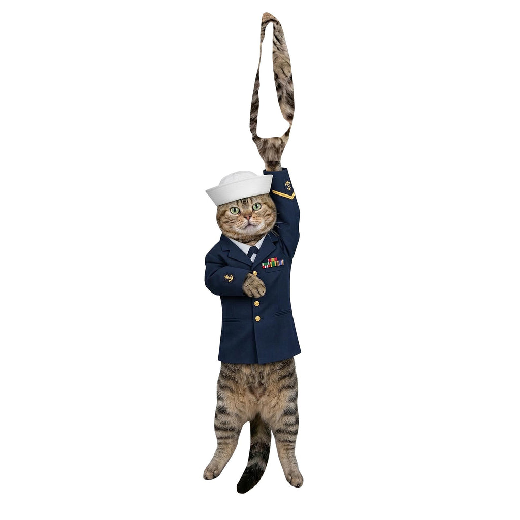 Novelty necktie featuring a tabby cat dressed in a formal blue Navy sailor uniform, complete with a white sailor cap and military ribbons