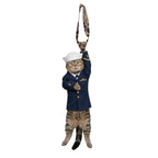Novelty necktie featuring a tabby cat dressed in a formal blue Navy sailor uniform, complete with a white sailor cap and military ribbons