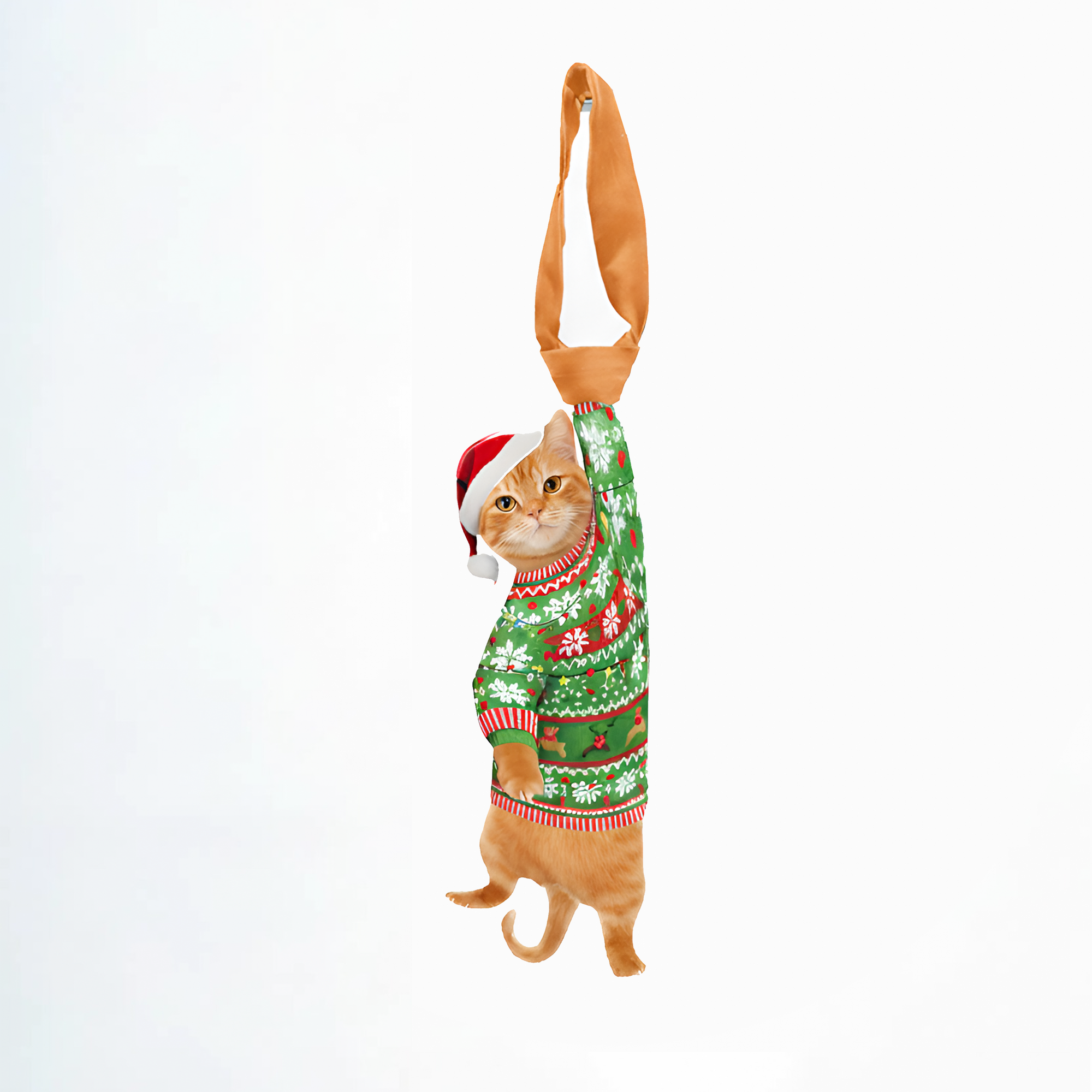 Novelty necktie featuring an orange cat wearing a festive Christmas sweater and Santa hat, a fun holiday fashion accessory.
