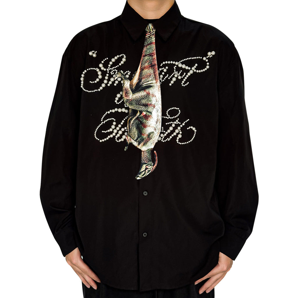 Novelty necktie featuring a creative illustration of a dinosaur, adding a prehistoric and playful touch to a formal black shirt, perfect for dinosaur enthusiasts and unique fashion styles