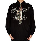 Novelty necktie featuring a creative illustration of a dinosaur, adding a prehistoric and playful touch to a formal black shirt, perfect for dinosaur enthusiasts and unique fashion styles