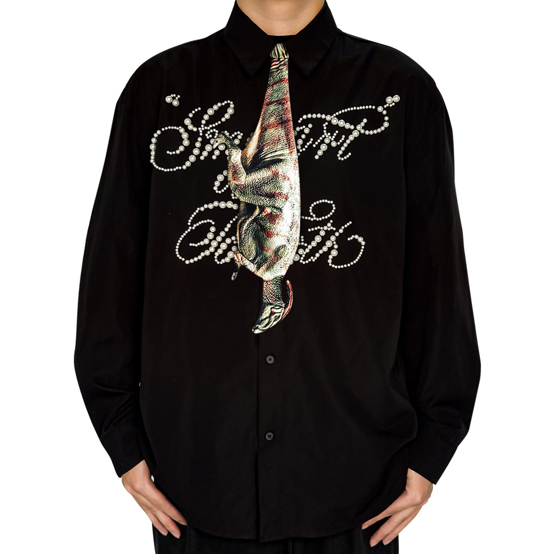 Novelty necktie featuring a creative illustration of a dinosaur, adding a prehistoric and playful touch to a formal black shirt, perfect for dinosaur enthusiasts and unique fashion styles