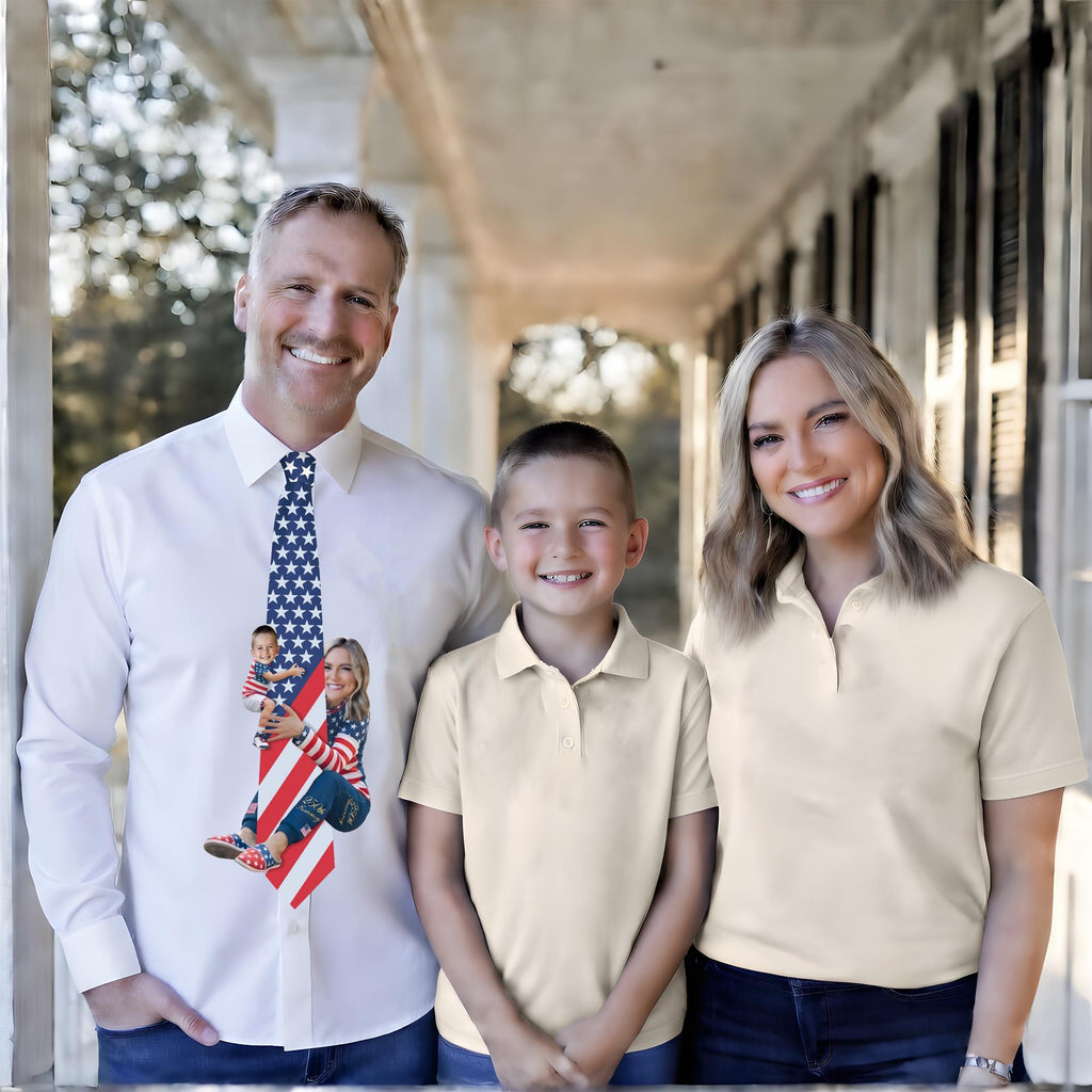 Custom novelty necktie featuring a patriotic American flag design with a collage of a woman and children wearing American-themed clothing.