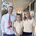 Custom novelty necktie featuring a patriotic American flag design with a collage of a woman and children wearing American-themed clothing.