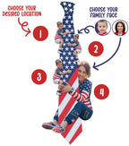 Custom novelty necktie featuring a patriotic American flag design with a collage of a woman and children wearing American-themed clothing.