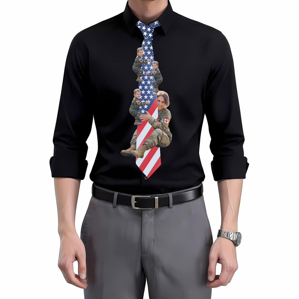Custom novelty necktie featuring a patriotic American flag design with a collage of a female soldier and children in military-inspired clothing
