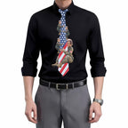 Custom novelty necktie featuring a patriotic American flag design with a collage of a female soldier and children in military-inspired clothing