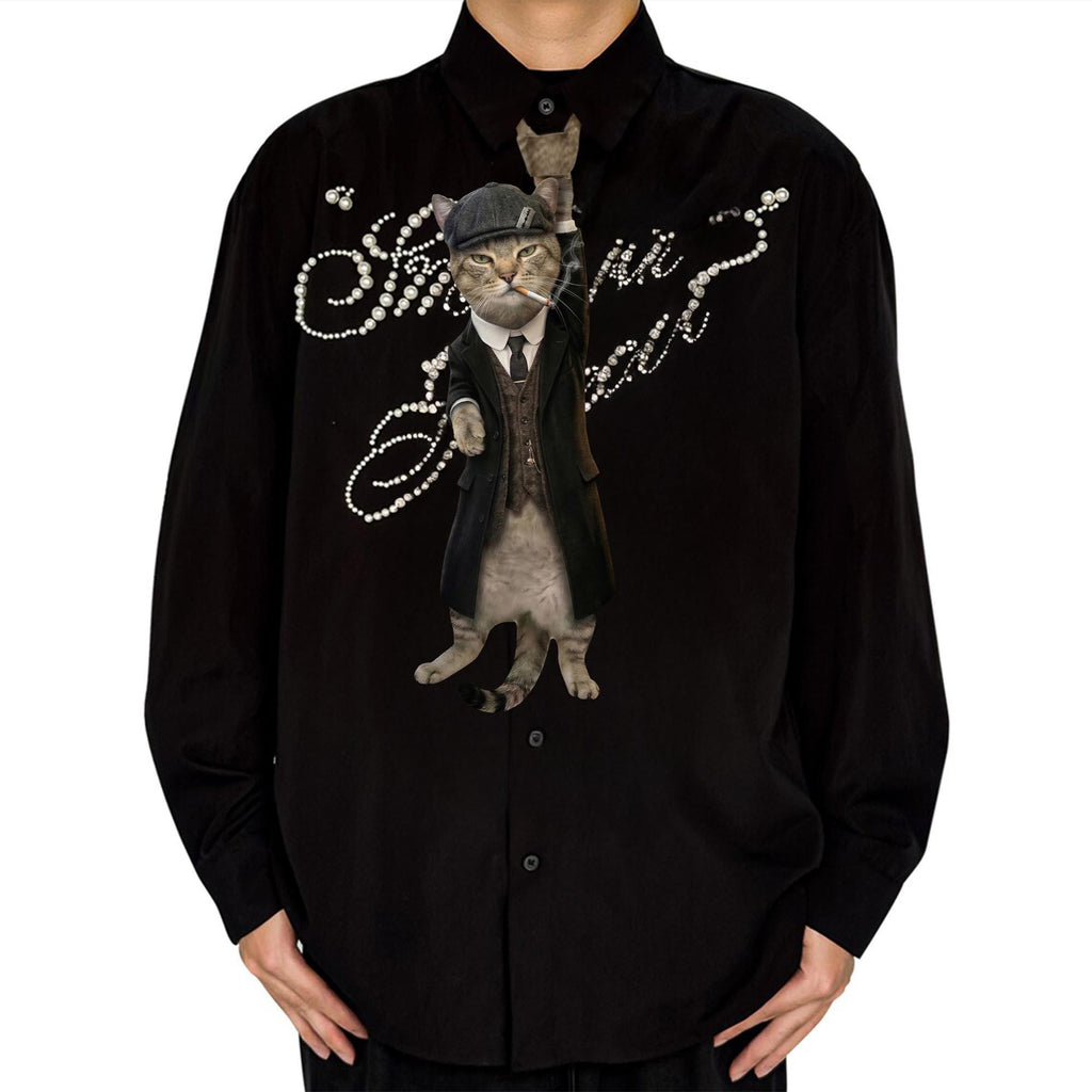 Novelty necktie featuring a cat dressed as a Peaky Blinders character, wearing a suit and flat cap, smoking a cigarette