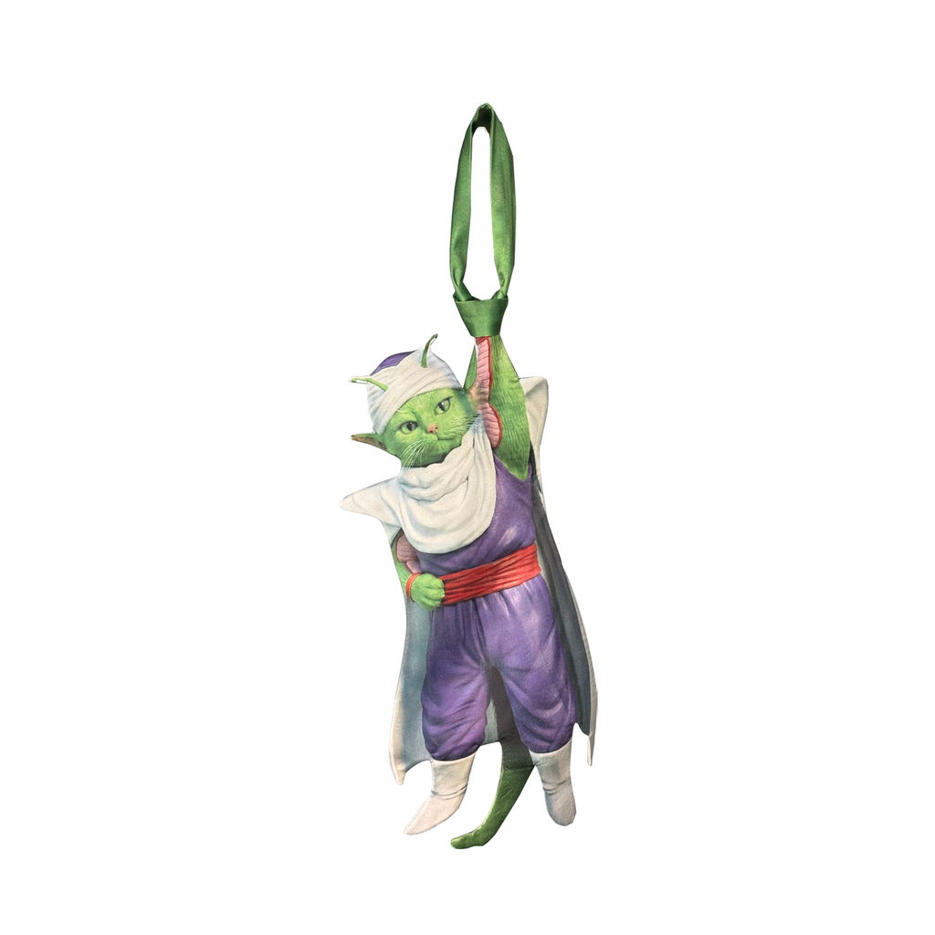 Novelty necktie featuring a creative illustration of a green cat cosplaying as a famous anime character, a fun and unique fashion accessory for anime fans and pet lovers.