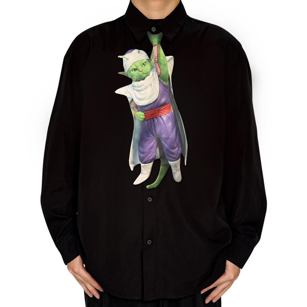 Novelty necktie featuring a creative illustration of a green cat cosplaying as a famous anime character, a fun and unique fashion accessory for anime fans and pet lovers.