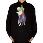 Novelty necktie featuring a creative illustration of a green cat cosplaying as a famous anime character, a fun and unique fashion accessory for anime fans and pet lovers.