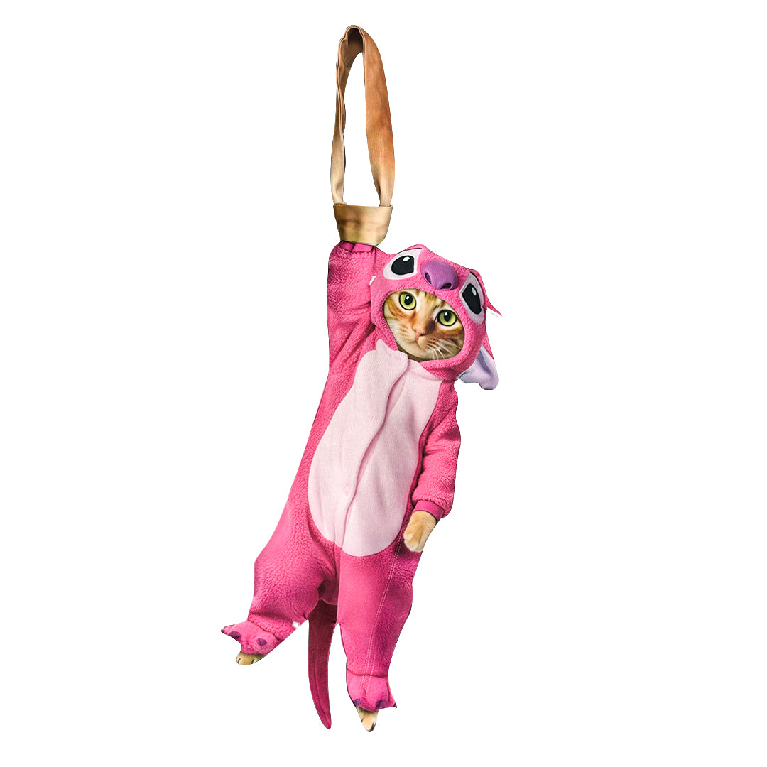Novelty necktie featuring a cute hanging cat wearing blue and pink Stitch-style costume onesies, a playful and unique fashion accessory.