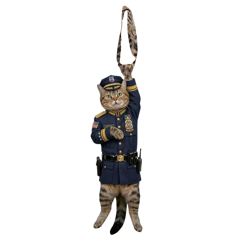 Novelty necktie featuring a tabby cat dressed in a formal blue police captain uniform, complete with gold-braided epaulets, a badge, and a police cap