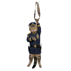 Novelty necktie featuring a tabby cat dressed in a formal blue police captain uniform, complete with gold-braided epaulets, a badge, and a police cap