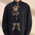 Novelty necktie featuring a tabby cat dressed in a formal blue police captain uniform, complete with gold-braided epaulets, a badge, and a police cap