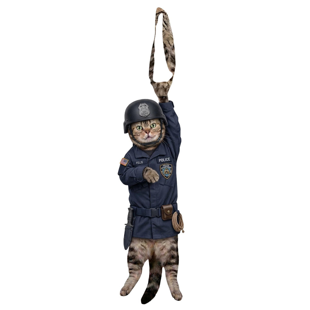 Novelty necktie featuring a tabby cat dressed in a detailed police uniform, complete with a SWAT-style helmet, badge, and utility belt with gear