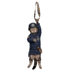 Novelty necktie featuring a tabby cat dressed in a detailed police uniform, complete with a SWAT-style helmet, badge, and utility belt with gear