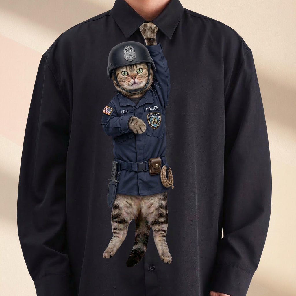Novelty necktie featuring a tabby cat dressed in a detailed police uniform, complete with a SWAT-style helmet, badge, and utility belt with gear