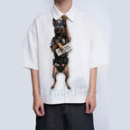 Novelty necktie featuring a Belgian Malinois dog dressed as a police officer, wearing tactical gear, sunglasses, a cap, and holding a newspaper with the headline 'CRIME DOWN, DONUT PRICES UP