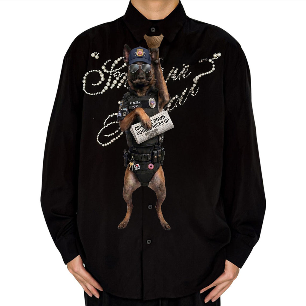 Novelty necktie featuring a Belgian Malinois dog dressed as a police officer, wearing tactical gear, sunglasses, a cap, and holding a newspaper with the headline 'CRIME DOWN, DONUT PRICES UP