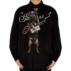 Novelty necktie featuring a Belgian Malinois dog dressed as a police officer, wearing tactical gear, sunglasses, a cap, and holding a newspaper with the headline 'CRIME DOWN, DONUT PRICES UP