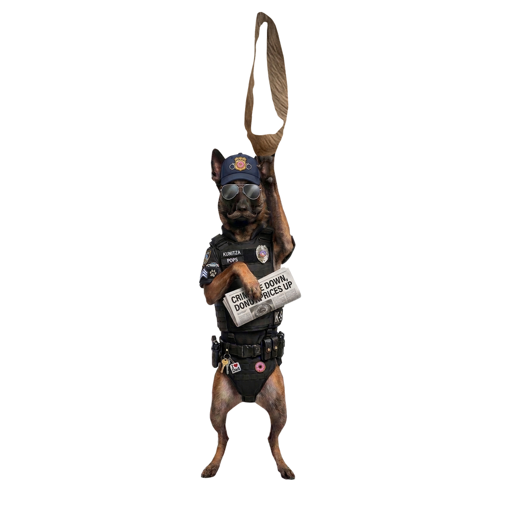Novelty necktie featuring a Belgian Malinois dog dressed as a police officer, wearing tactical gear, sunglasses, a cap, and holding a newspaper with the headline 'CRIME DOWN, DONUT PRICES UP