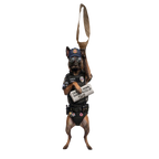 Novelty necktie featuring a Belgian Malinois dog dressed as a police officer, wearing tactical gear, sunglasses, a cap, and holding a newspaper with the headline 'CRIME DOWN, DONUT PRICES UP