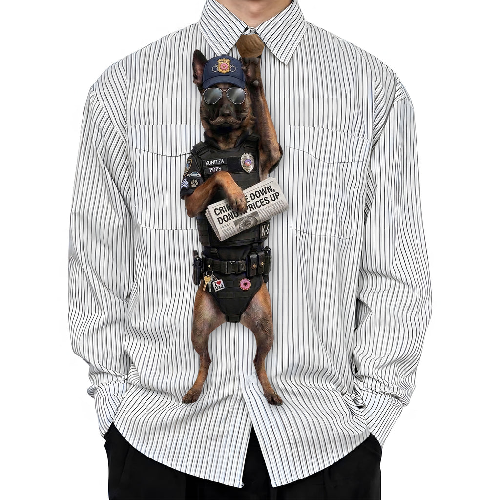 Novelty necktie featuring a Belgian Malinois dog dressed as a police officer, wearing tactical gear, sunglasses, a cap, and holding a newspaper with the headline 'CRIME DOWN, DONUT PRICES UP