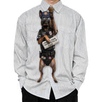 Novelty necktie featuring a Belgian Malinois dog dressed as a police officer, wearing tactical gear, sunglasses, a cap, and holding a newspaper with the headline 'CRIME DOWN, DONUT PRICES UP