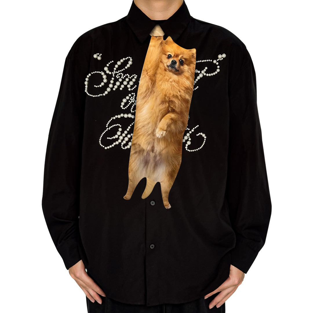 Novelty necktie featuring a realistic hanging fluffy Pomeranian dog design, a fun and unique fashion accessory.