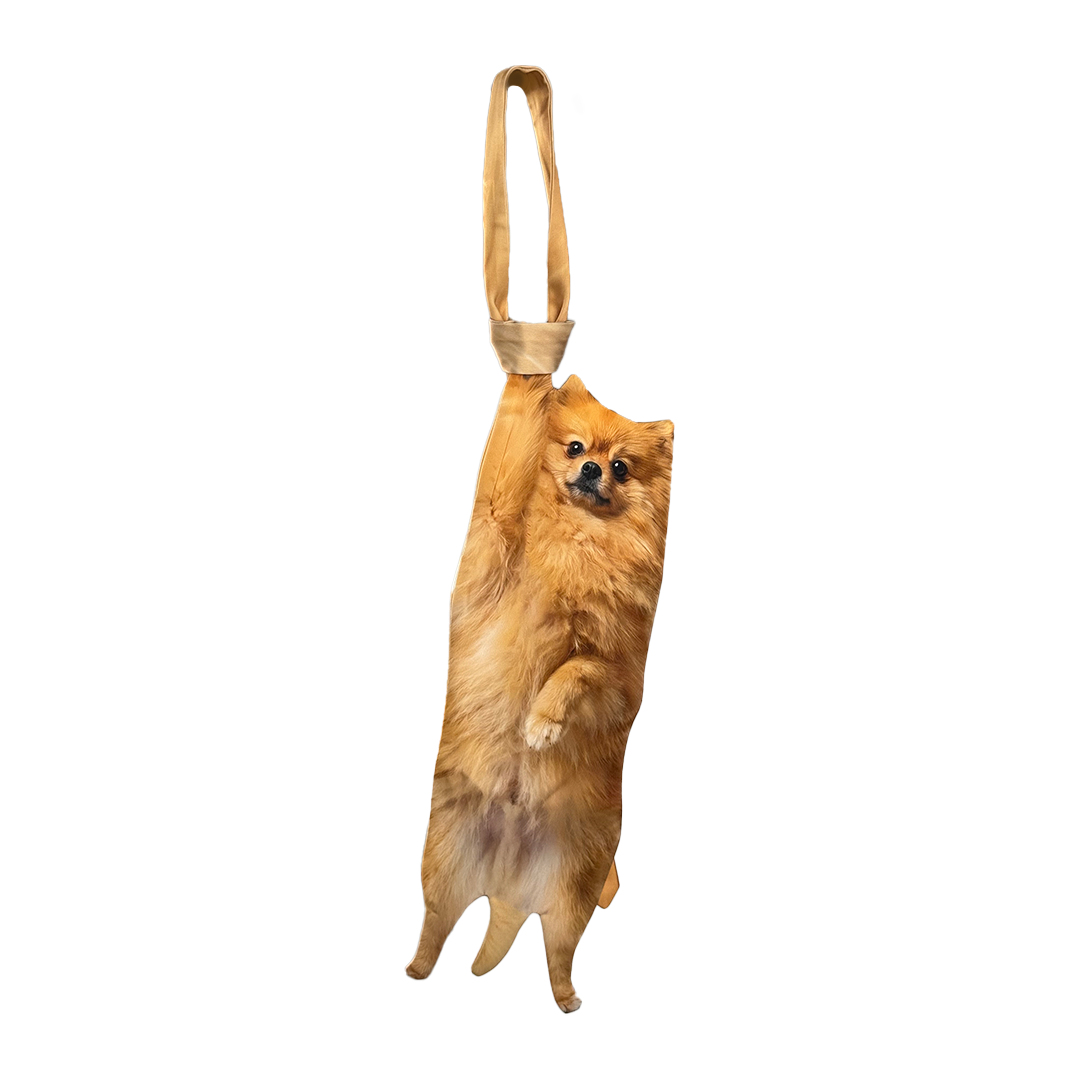 Novelty necktie featuring a realistic hanging fluffy Pomeranian dog design, a fun and unique fashion accessory.